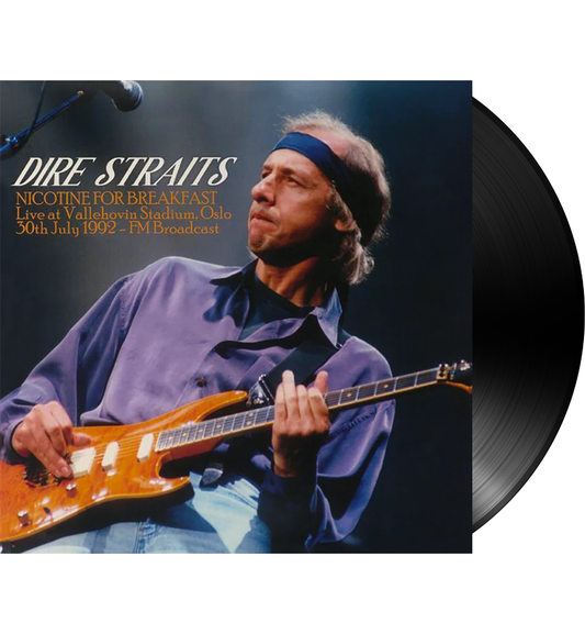 Dire Straits’ Nicotine for Breakfast 12-inch vinyl, featuring Mark Knopfler performing guitar live at Valle Hovin Stadium, Oslo, in 1992.