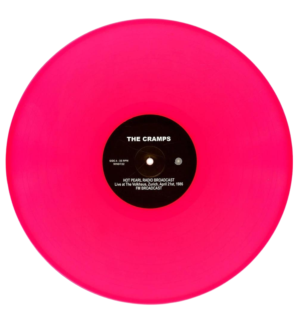 The Cramps’ Hot Pearl Radio Broadcast 12-inch record in bright pink vinyl, shown from the Side A label side with a black centre label.