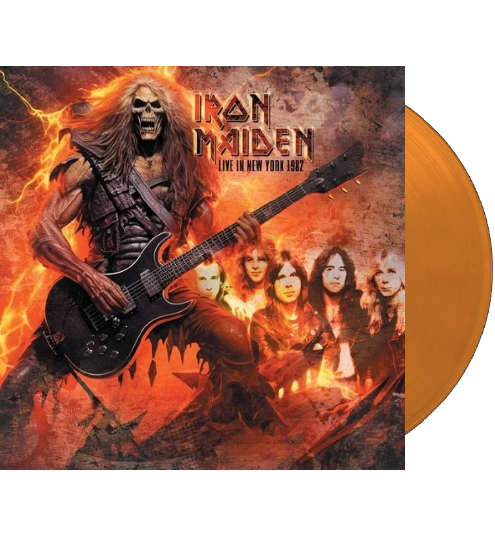 Iron Maiden’s Live in New York 1982 vinyl, showing Eddie and the band against fiery artwork with an orange record visible behind the sleeve.