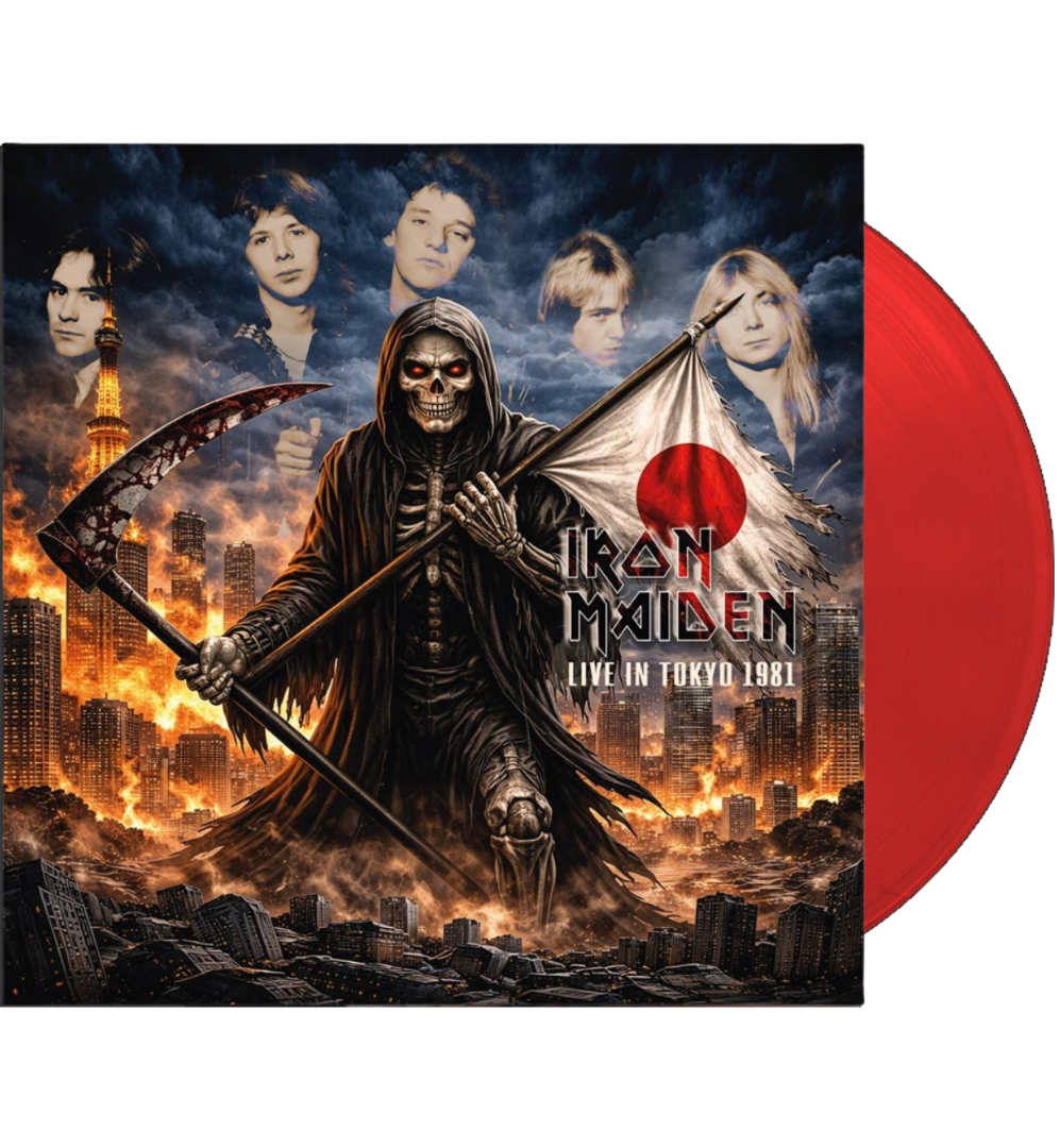 Iron Maiden Live in Tokyo 1981 vinyl record with a red disc and sleeve showing a skeletal figure, Japanese flag and burning Tokyo skyline.