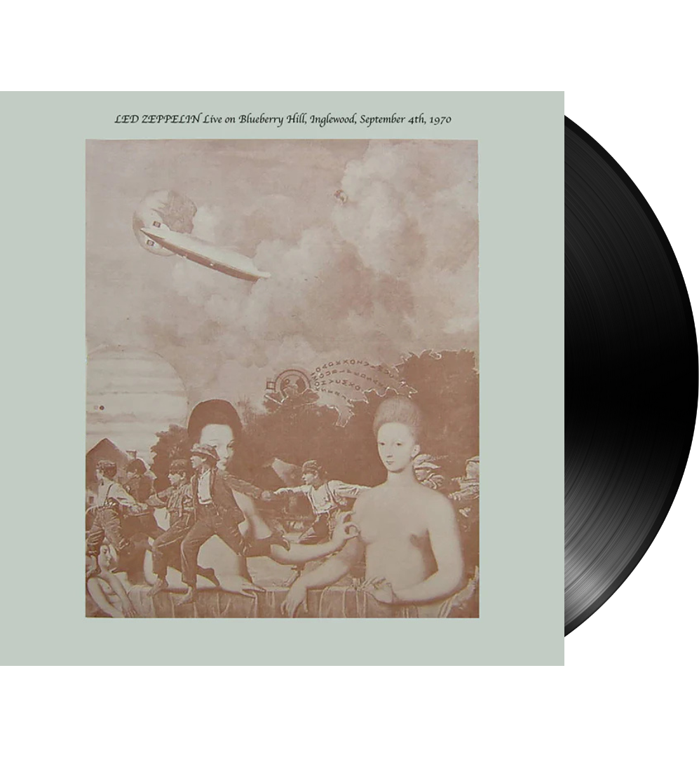 Led Zeppelin’s Live on Blueberry Hill 12-inch vinyl album, showing a pale green illustrated sleeve beside a black record.