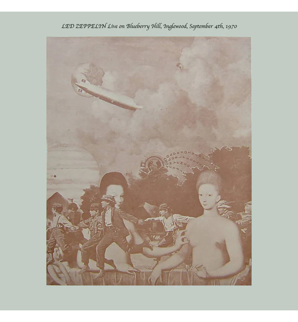 Led Zeppelin’s Live on Blueberry Hill 12-inch double vinyl album cover, featuring sepia surrealist artwork of a crowd, a flying object and a bald figure.