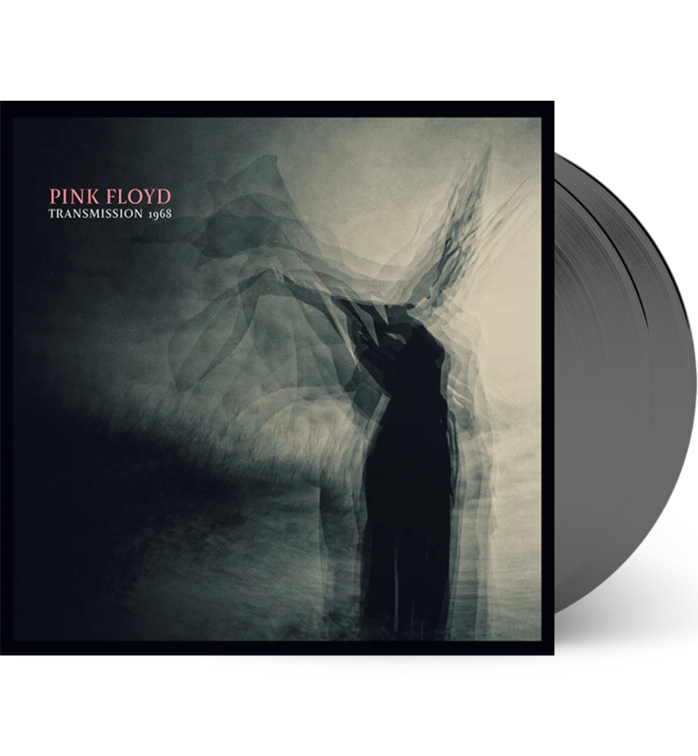 Pink Floyd Transmission 1968 double vinyl album with a monochrome abstract cover showing a silhouetted figure and a grey record visible behind.