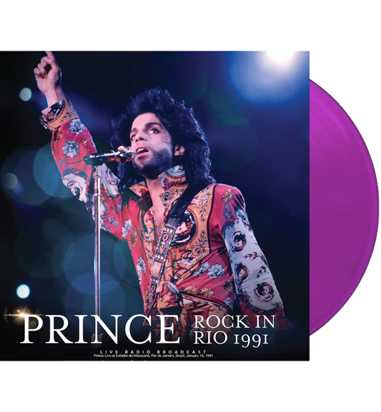 Prince – Rock in Rio 1991 album cover showing Prince performing in a patterned jacket, with a purple vinyl record visible behind it.