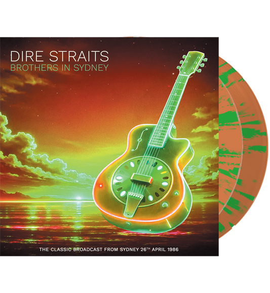 Dire Straits ‘Brothers in Sydney’ vinyl album with sunset guitar artwork and a partially visible orange-and-green splatter record.