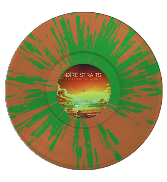 Dire Straits Brothers in Sydney splatter vinyl record, shown close up with a translucent orange pressing and green splashes around the centre label.