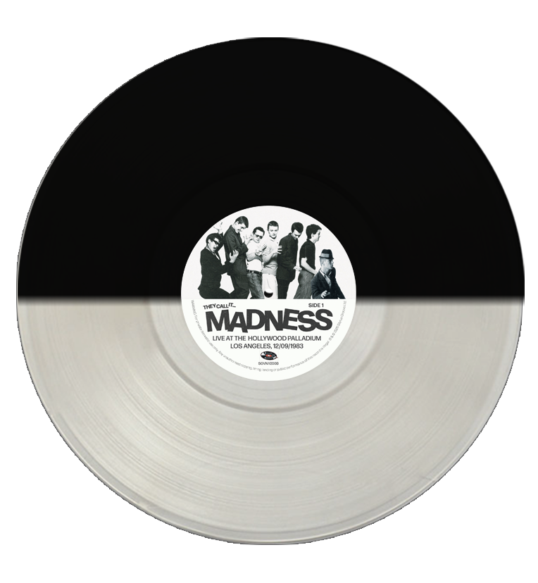 Madness ‘They Call It’ two-tone vinyl record, with a black and translucent white split design and Side 1 label visible.