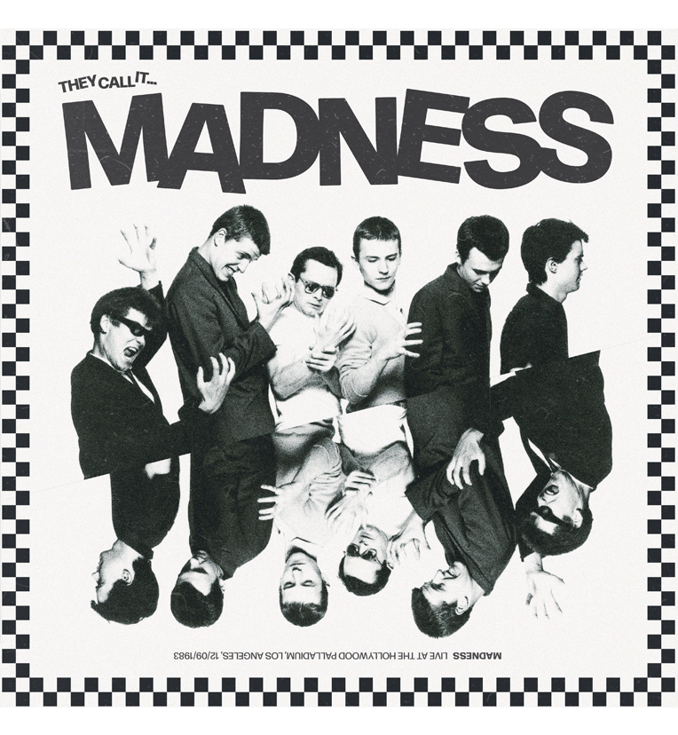 Madness ‘They Call It…’ album cover in black and white, showing the band in an upside-down mirrored pose within a checkerboard border.