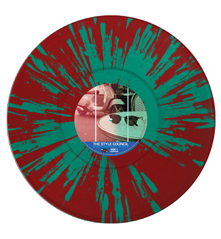 The Style Council’s Continental Style splatter vinyl record, shown from the Side 1 label side in red and teal.