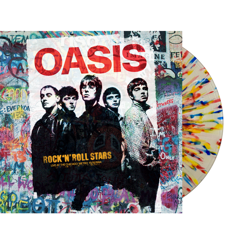 Oasis Rock 'N' Roll Stars sleeve with band photograph and multicoloured splatter vinyl mock-up