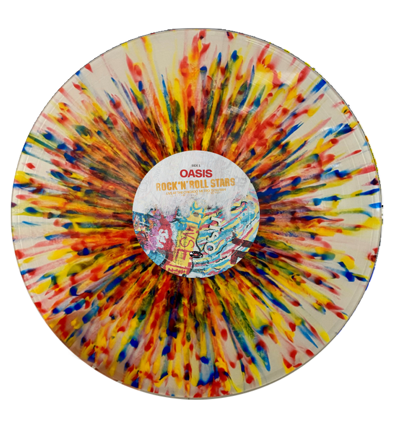 Oasis Rock 'N' Roll Stars splatter vinyl mock-up with red, yellow and blue streaks and Side 1 label