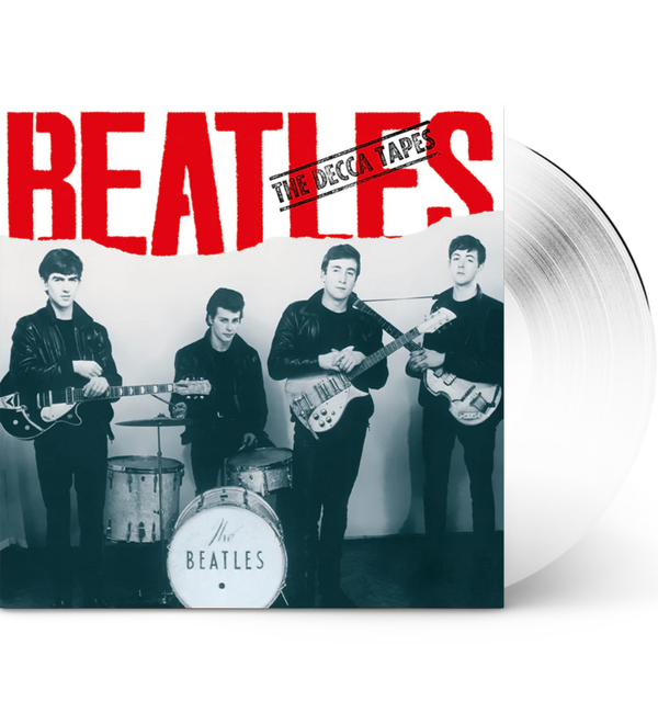 The Beatles’ The Decca Tapes album with a black-and-white band photograph, red title lettering and a clear vinyl record visible beside the sleeve.